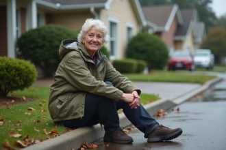 Femme en extérieur inspectant dégâts d'eau sur sa maison