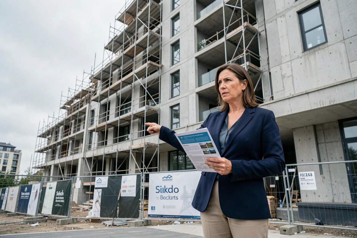 Une femme examine un prospectus d'investissement immobilier devant un immeuble en construction, symbolisant la vigilance face aux promoteurs immobiliers douteux