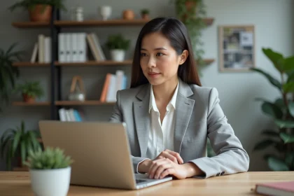 Femme concentrée suivant une formation immobilière en ligne sur son ordinateur portable dans un bureau à domicile