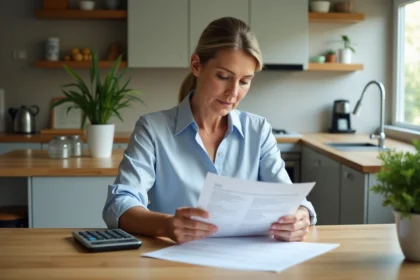 Femme d affaires examine un relevé immobilier dans une cuisine lumineuse