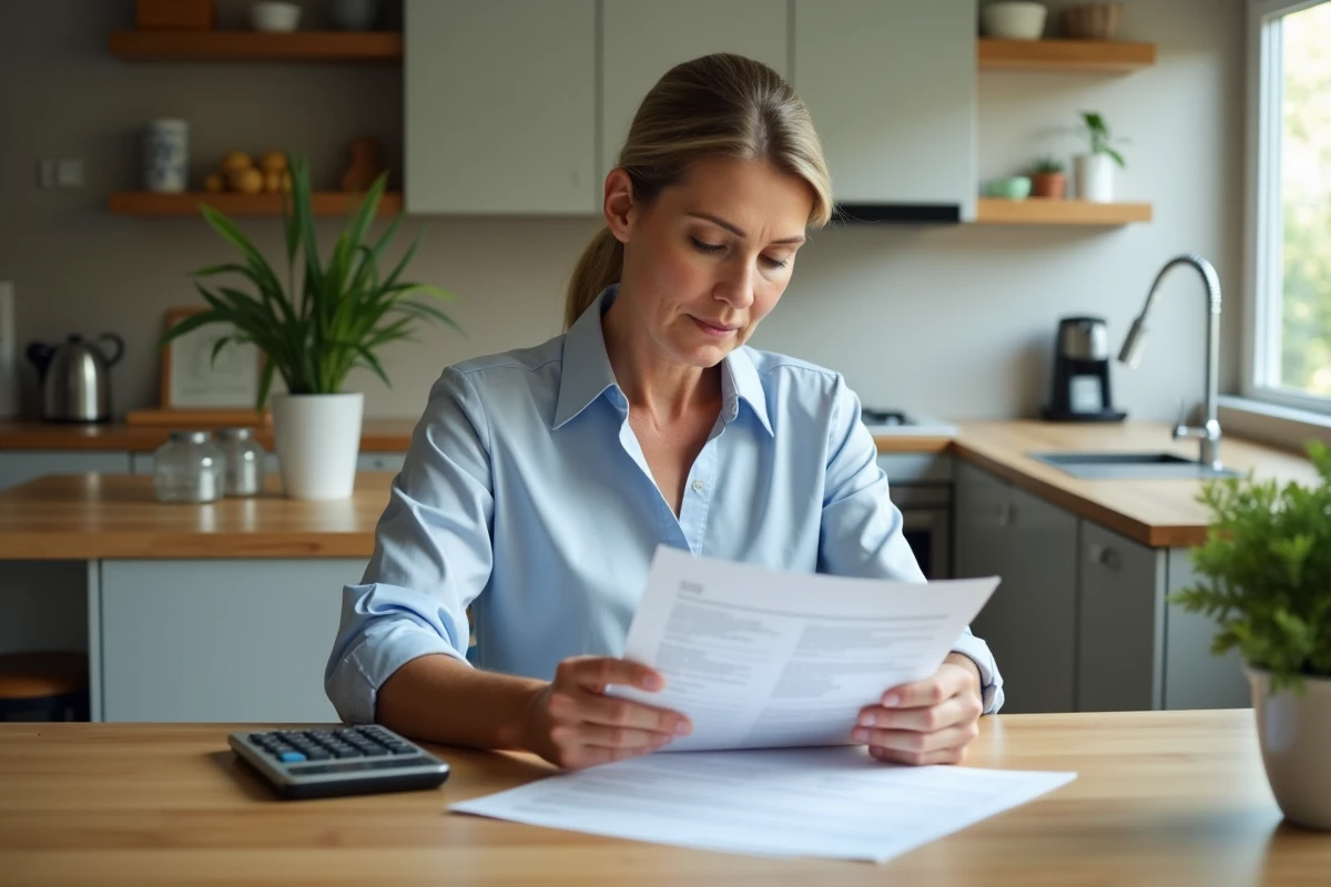 Femme d affaires examine un relevé immobilier dans une cuisine lumineuse