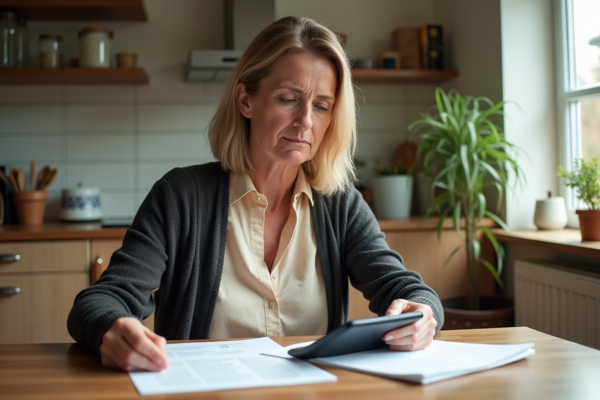 Femme réfléchie examine documents de prêt immobilier à la maison