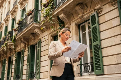 Femme devant un immeuble ancien de style haussmannien à Paris, consultant des documents immobiliers pour un bien de caractère