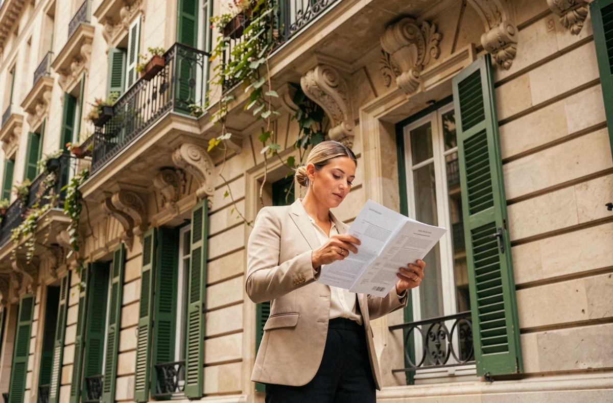 Femme devant un immeuble ancien de style haussmannien à Paris, consultant des documents immobiliers pour un bien de caractère