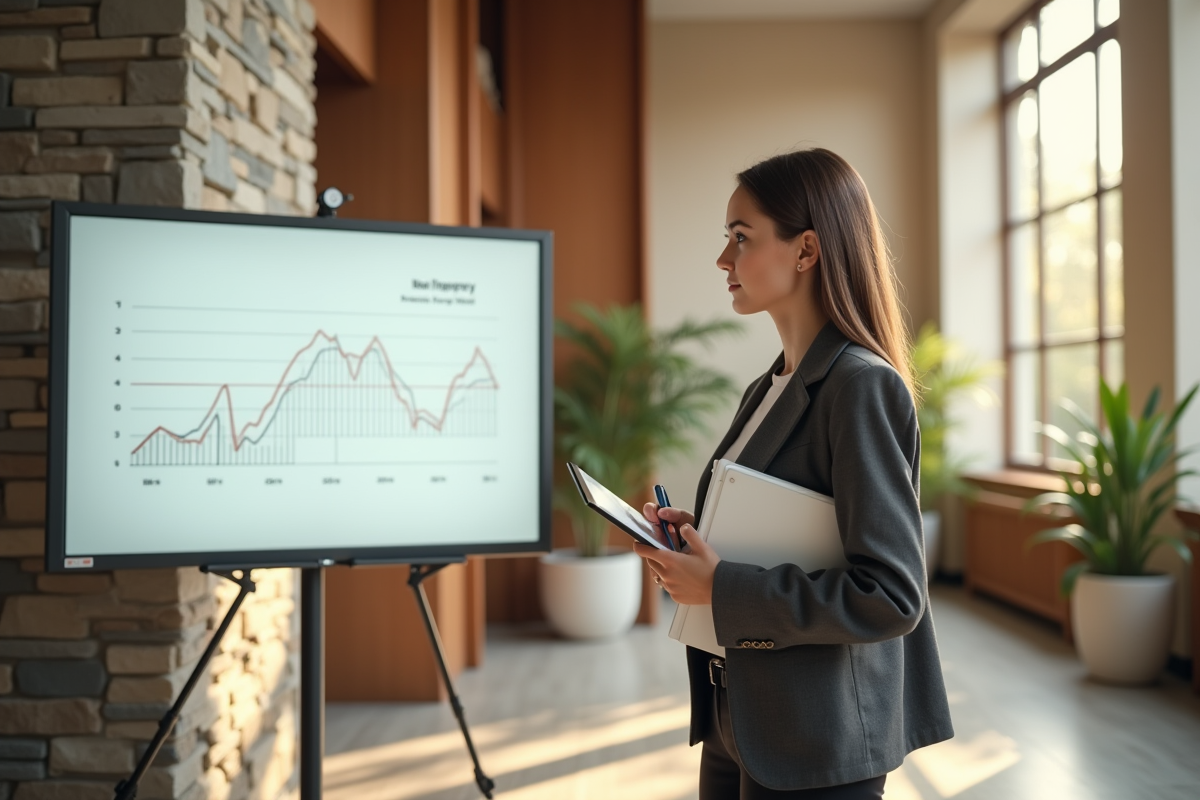 Jeune femme en agence immobiliere avec tableau interactif