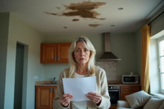 Femme préoccupée tenant documents d'assurance devant une tache d'eau au plafond