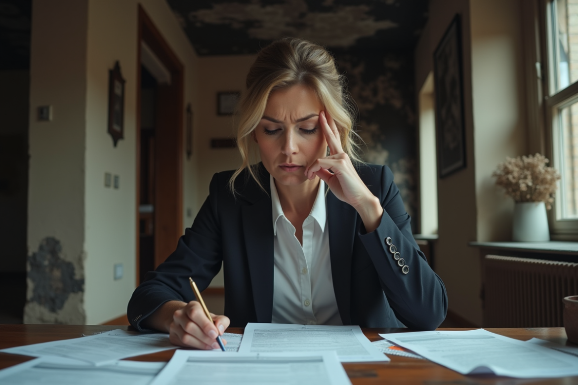 Femme inquiète en cuisine devant ses factures et dégâts d'incendie