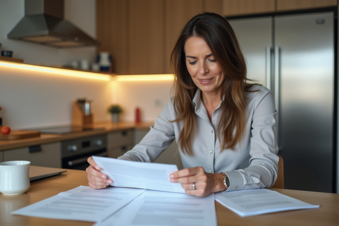 Femme d'âge moyen lisant un contrat de location dans une cuisine moderne