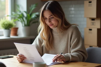 Femme lisant un courrier dans une cuisine moderne