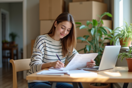 Femme concentrée à son bureau lors d'un déménagement
