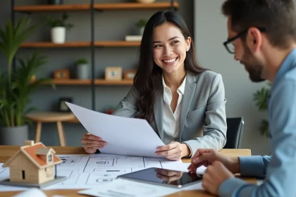 Femme souriante examinant des plans immobiliers dans un bureau