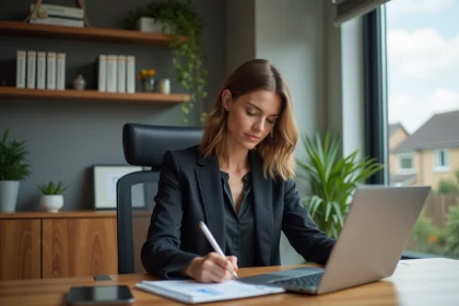 Femme professionnelle en bureau moderne avec ordinateur et guides immobiliers