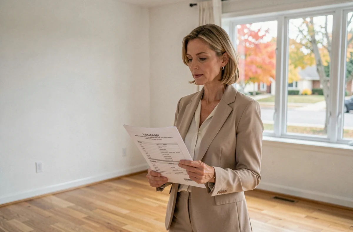 Femme consultant un rapport d'estimation notariale dans une maison vide avant négociation du prix