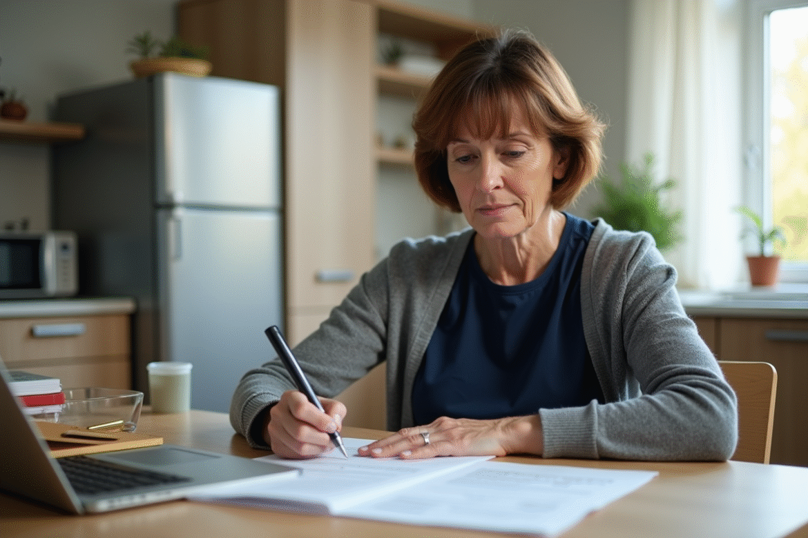 Femme d'âge moyen remplissant un formulaire d'impôt dans la cuisine