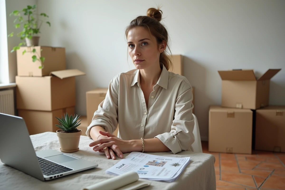 Femme seule entourée de cartons et de paperasse dans un appartement à Montpellier, représentant le stress et les erreurs lors d'un déménagement dans le sud
