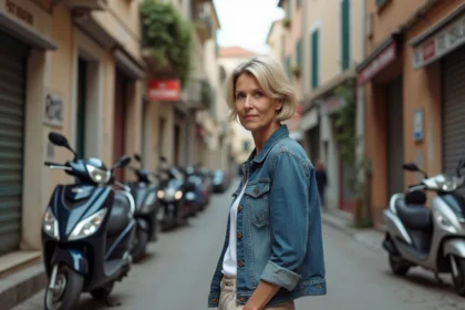 Femme urbaine dans les rues de Fréjus avec bâtiments anciens