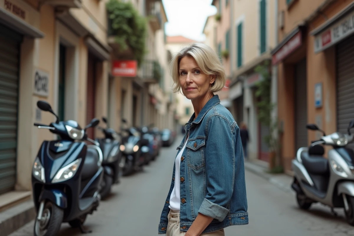 Femme urbaine dans les rues de Fréjus avec bâtiments anciens