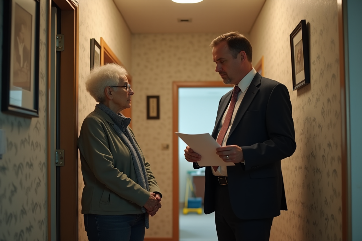 Gestionnaire immobilier parlant avec une personne âgée dans un couloir cosy