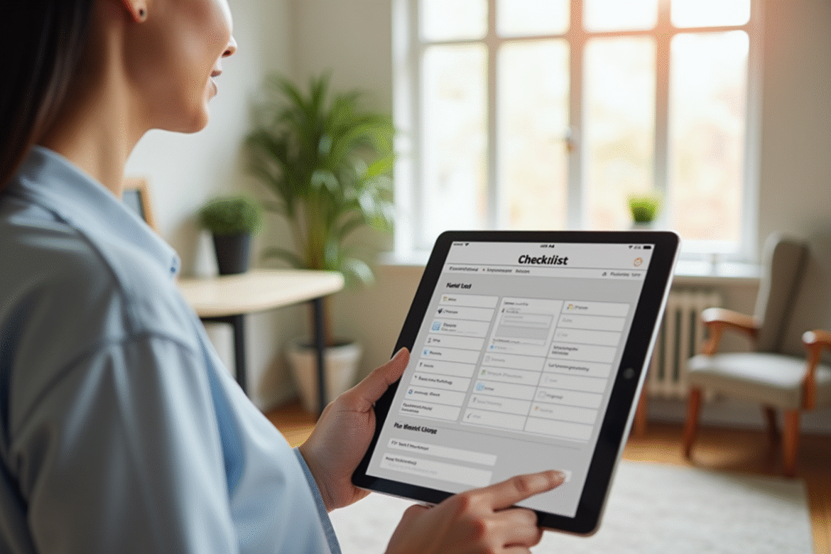 Gestionnaire immobilier utilisant une tablette dans un appartement lumineux