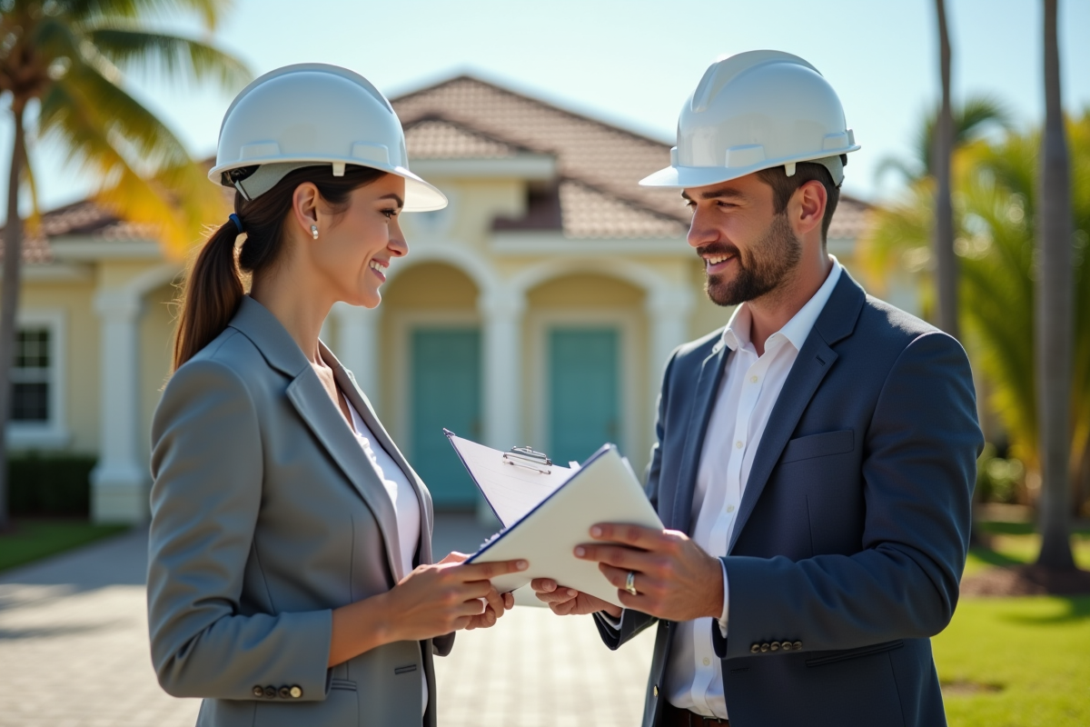 Femme gestionnaire examinant un document devant une maison endommagée en Floride
