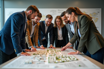 Groupe d'adultes discutant autour d'un modele urbain