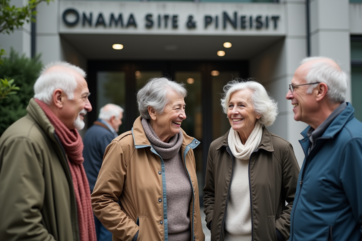 Groupe de seniors discutant devant un immeuble contemporain