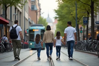 Groupe divers marche dans une rue urbaine animée
