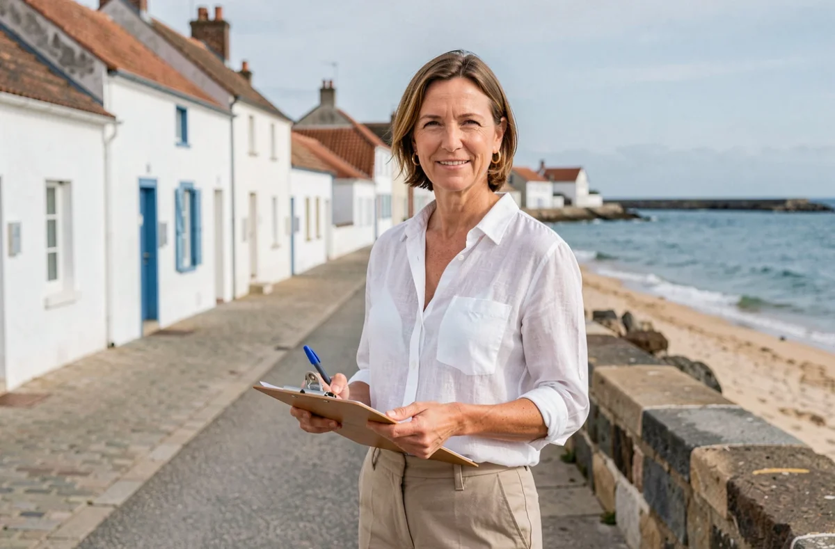 Gestionnaire de Gueffier Immobilier sur le front de mer à Pornic, avec des maisons côtières en arrière-plan