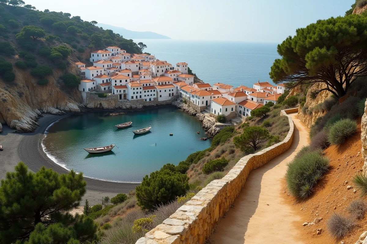 Vue panoramique d'un hameau de pêcheurs isolé sur les falaises de la côte atlantique portugaise avec maisons blanches et barques
