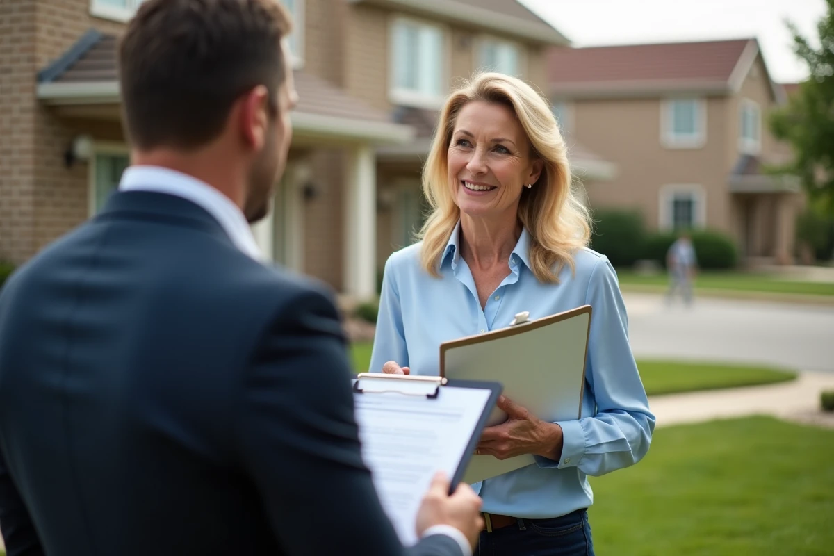 Femme propriétaire discutant avec un notaire devant une maison