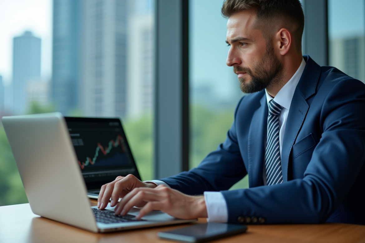 Homme d'affaires en costume bleu analyse des graphiques financiers