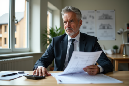 Homme d'affaires avec plans de construction et documents