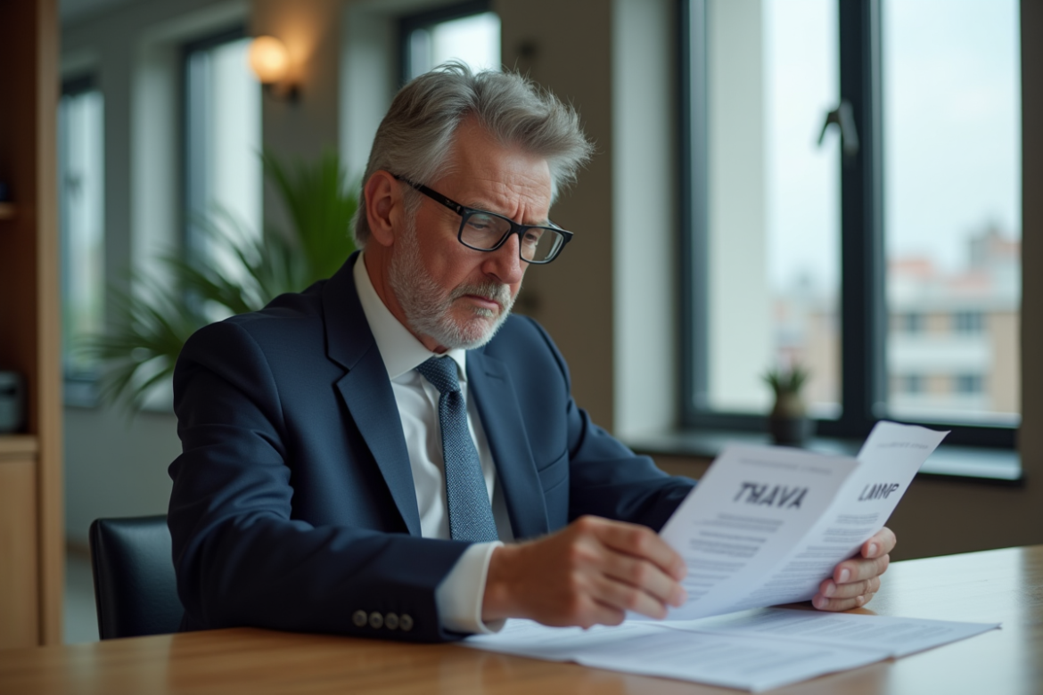 Homme d'affaires examinant des documents TVA et LMNP