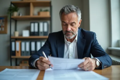 Homme d'affaires examinant des documents de logement