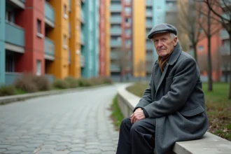Homme âgé assis pensif devant immeubles colorés