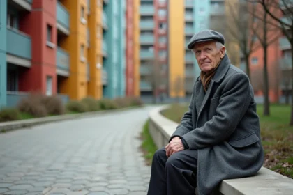 Homme âgé assis pensif devant immeubles colorés