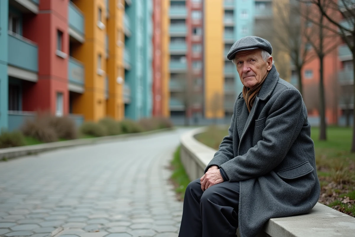 Homme âgé assis pensif devant immeubles colorés