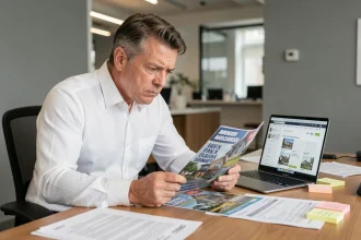 Un homme d'affaires analyse avec méfiance une brochure immobilière aux promesses attractives, illustrant les risques des offres trop belles en immobilier