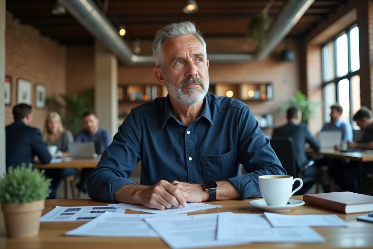 Homme analysant des documents de formation immobilière dans un espace de coworking moderne