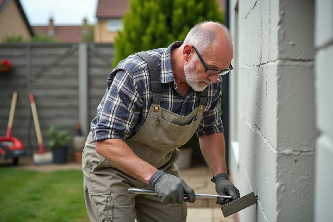 Homme en overalls appliquant la chaux sur un mur extérieur