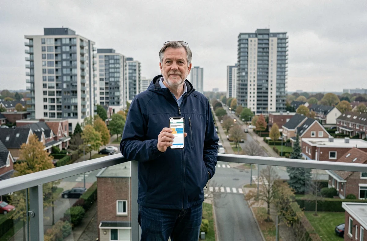 Homme consultant une offre d'assurance habitation sur smartphone depuis son balcon avec vue sur Noisy-le-Grand