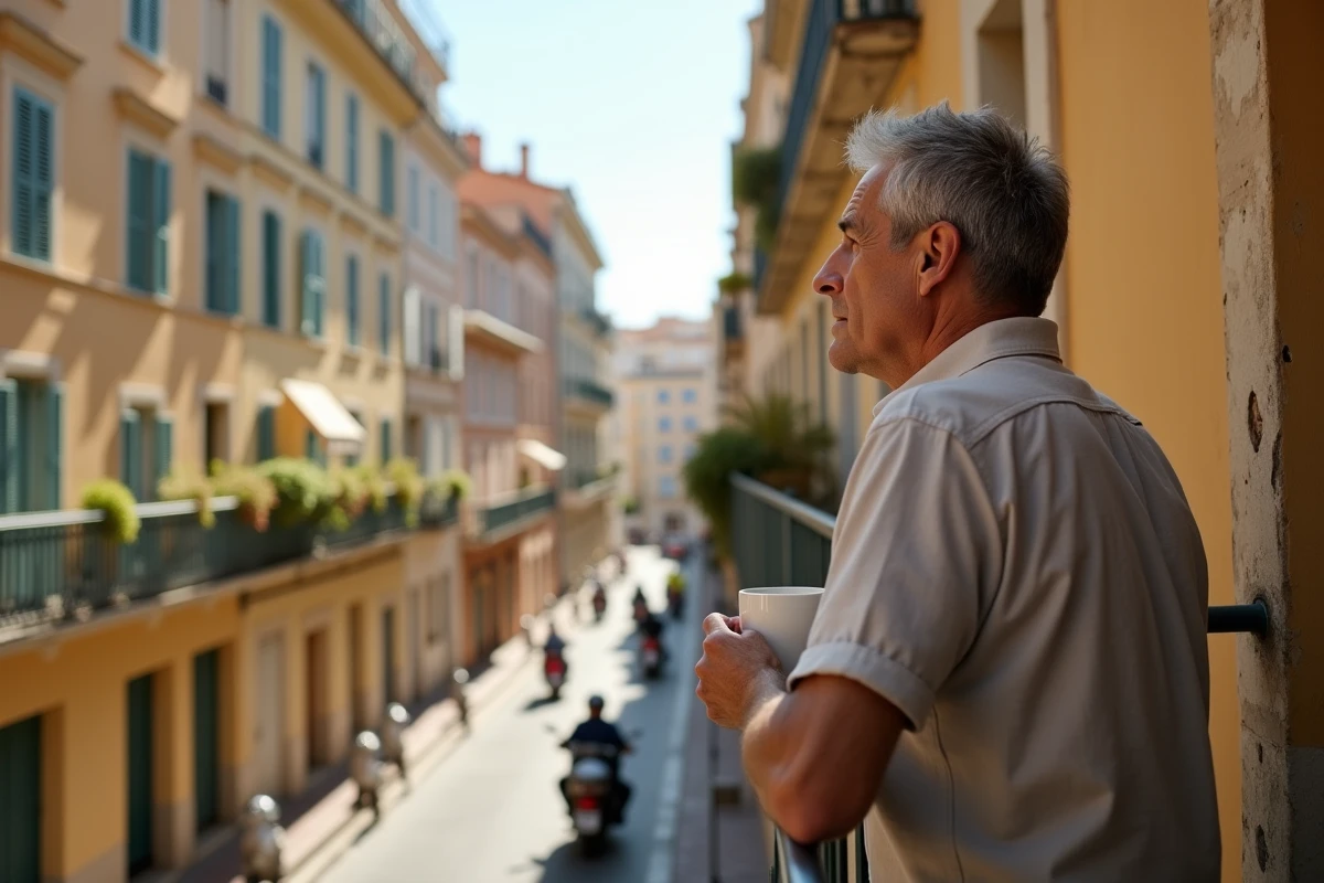 Homme pensif sur un balcon à Nice tenant un café et contemplant la rue, évoquant les désillusions d'un déménagement dans le sud de la France