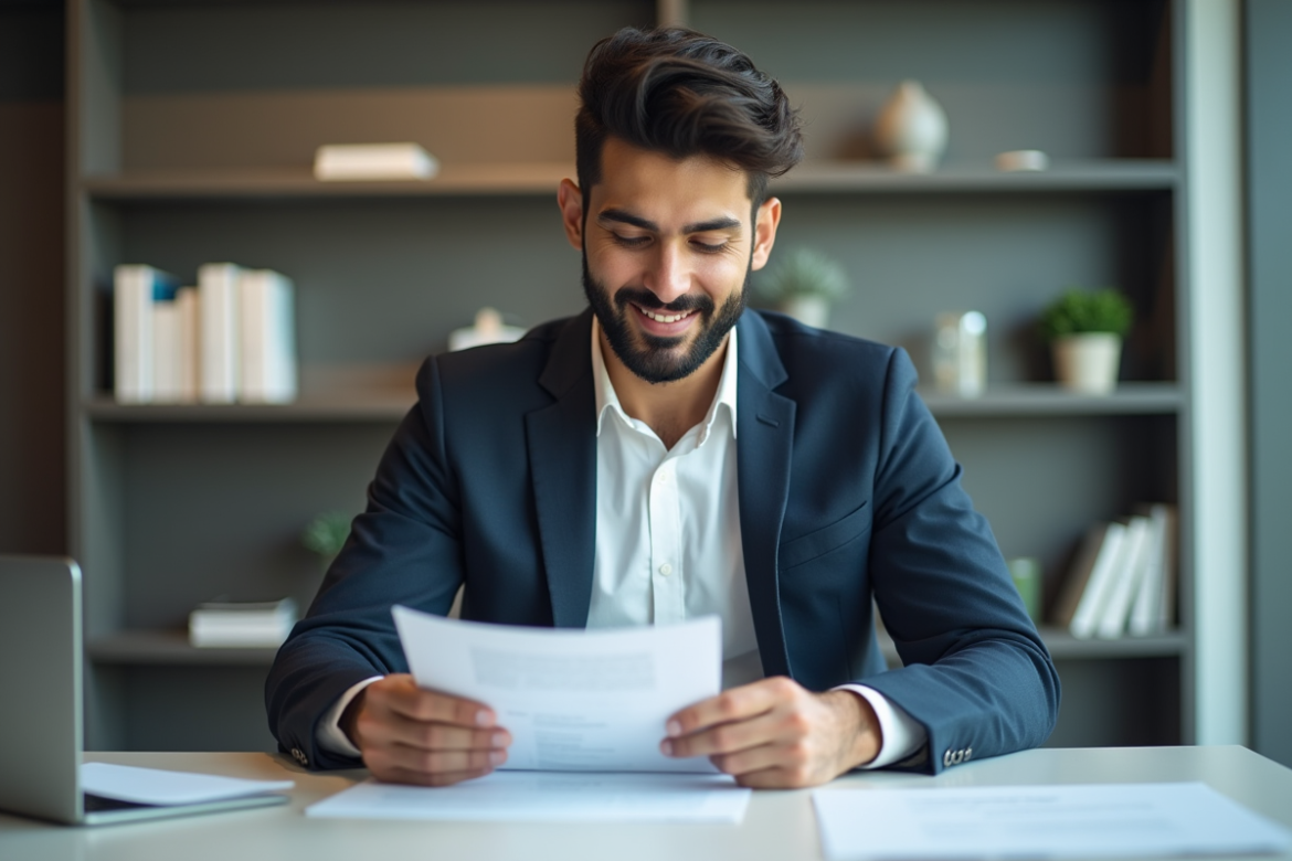 Jeune homme d affaires dans une banque en France examine des documents