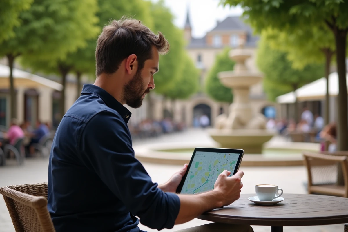 Homme consultant une carte interactive de quartier sur une tablette en terrasse de café à Bergerac