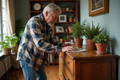 Homme appliquant cire beeswax sur un meuble ancien en bois