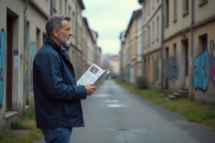 Homme pensif avec flyer immobilier à Conflans