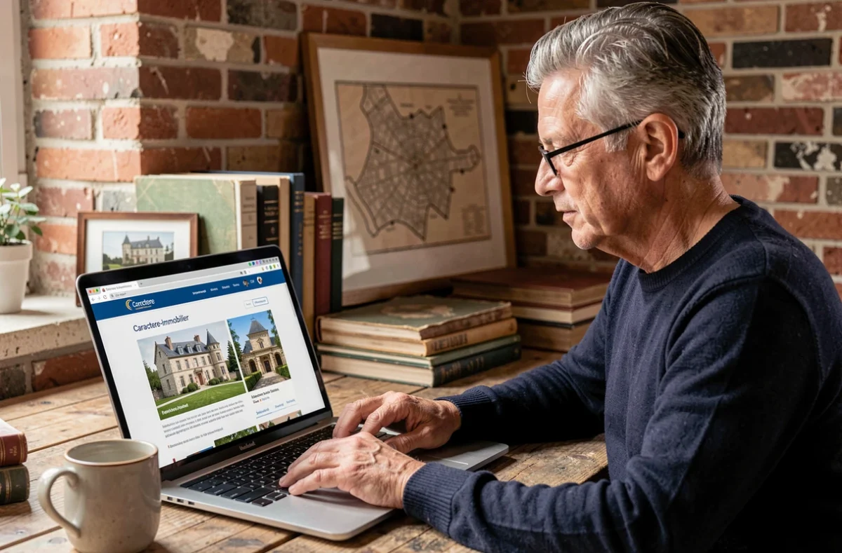 Homme consultant le site Caractere-immobilier sur un ordinateur portable dans un bureau vintage entouré de livres d'architecture ancienne