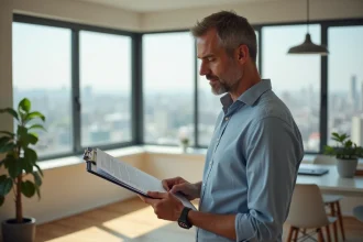 Homme d'affaires examinant un contrat de location dans un appartement lumineux