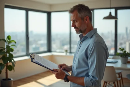 Homme d'affaires examinant un contrat de location dans un appartement lumineux