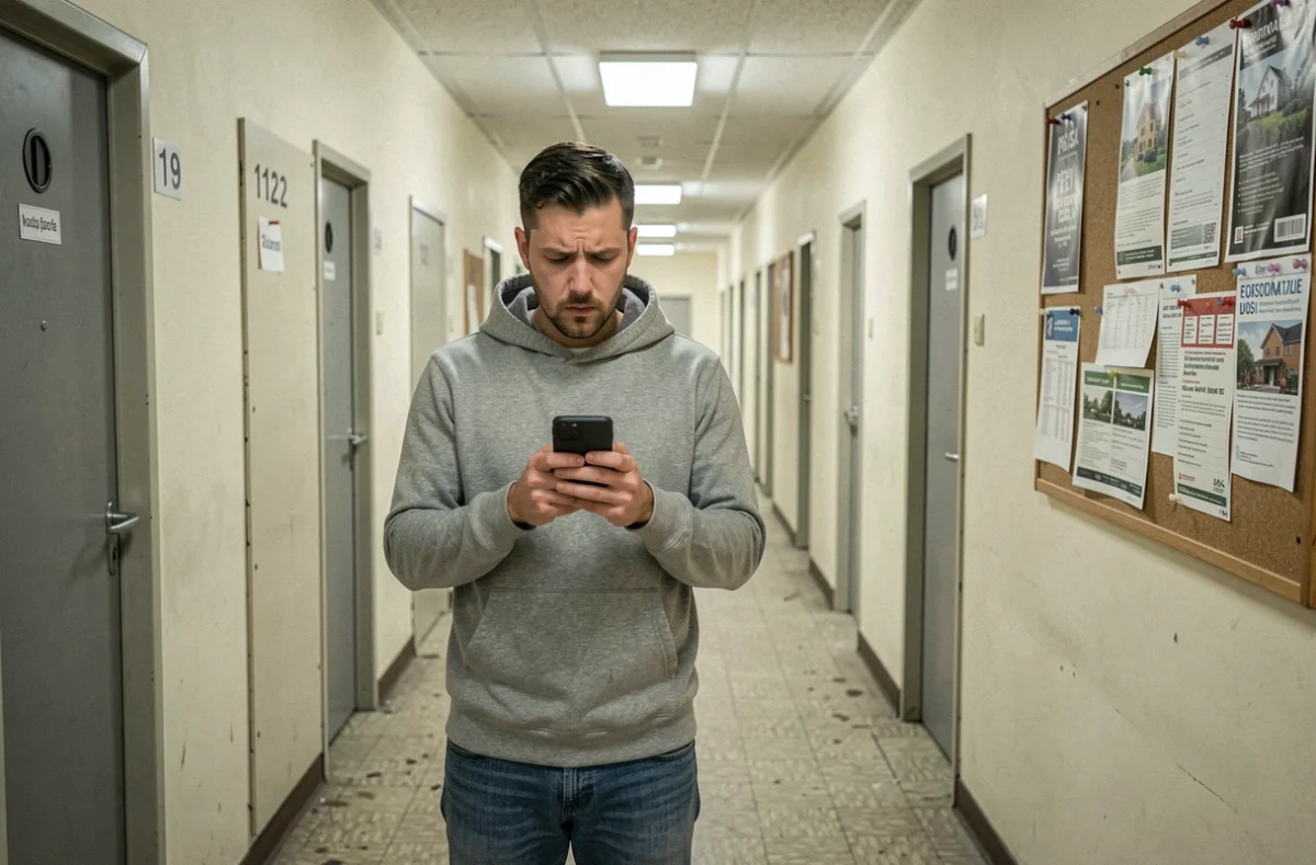 Homme consultant son téléphone dans le couloir d'un immeuble HLM en attente de réponse après visite